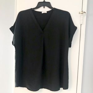 CHIC SOUL Black Top with v-neckline, pleated front, and cuffed sleeves 1X